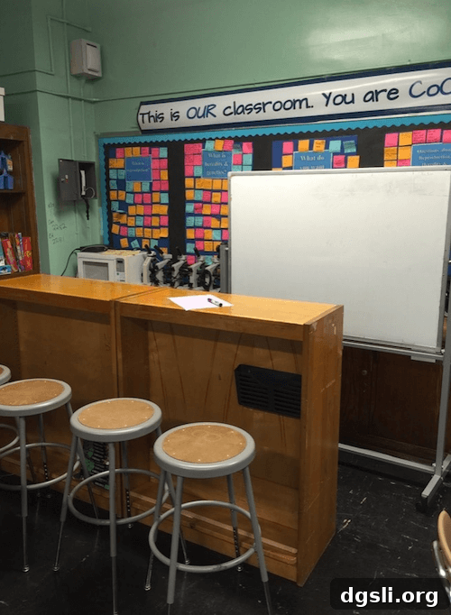 One of my favorite classroom hacks: the student work bar. By removing shelves from an old bookshelves, we’ve opened the postures available to students. Starbucks, anyone?
